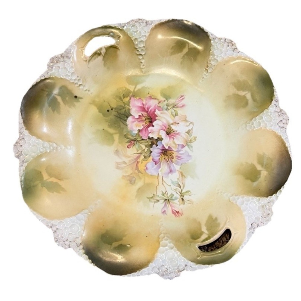 Antique RS Germany Porcelain Handled Cake Plate Floral Embossed Pearl Border